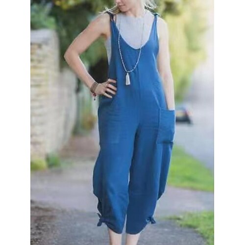 

Women's Overall Backless Pocket Solid Color V Neck Streetwear Street Daily Loose Fit Spaghetti Strap Blue S M L Summer