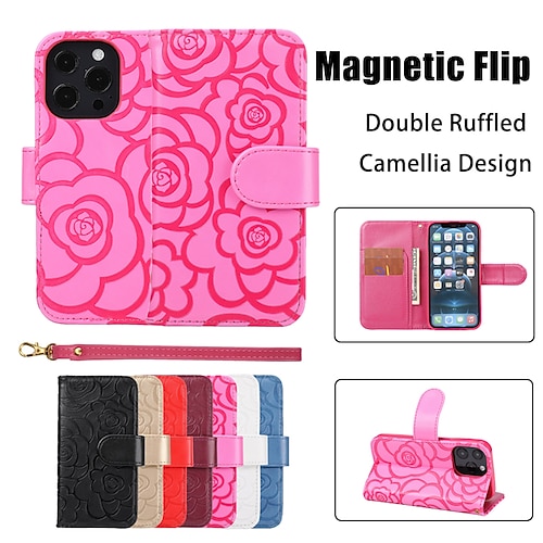 

teléfono Funda Para Apple Tarjetas billetera iPhone 14 Pro Max Plus 13 12 11 Mini X XR XS 8 7 con correa de muñeca Ranuras para tarjetas Flip magnético Color sólido Flor TPU Cuero de PU