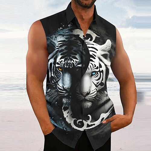 

Hombre camisa de lino Camisa Animal Tigre Estampados Cuello Vuelto Negro Exterior Calle Sin Mangas Estampado Ropa Lino Moda Ropa de calle Design Casual