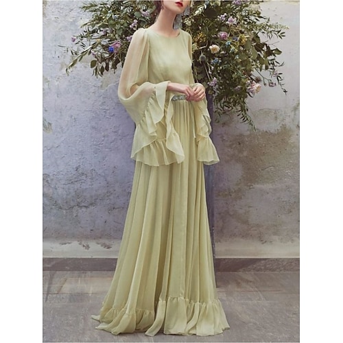 

A tubino Abito da cerimonia per signora Invitati del matrimonio Festa Elegante Girocollo Lungo Chiffon Manica lunga con A pieghe Dettagli con cristalli 2023