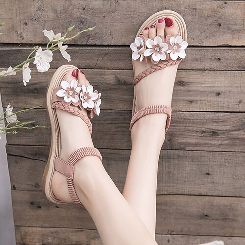 

Damen Sandalen Boho Flache Sandalen Übergrössen Täglich Strand Blume Flacher Absatz Elegant Brautkleider schlicht Kunstleder Feste Farbe Schwarz Braun Beige