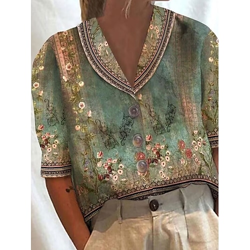 

Women's Shirt Green Flower Button Print Half Sleeve Casual Ethnic Beach Shirt Collar Regular Floral S