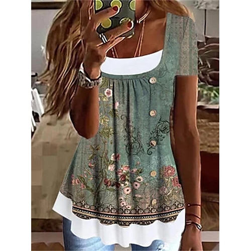 

Mulheres Camiseta Azul Laranja Verde Gráfico Floral Imprimir Manga Curta Casual Feriado Básico Decote Redondo Padrão Tema Flores S