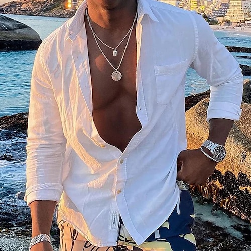 

Per uomo camicia di lino Camicia Camicia estiva Camicia da spiaggia Bianco Manica lunga Liscio Bavero Primavera estate Hawaiano Per eventi Abbigliamento Tasche