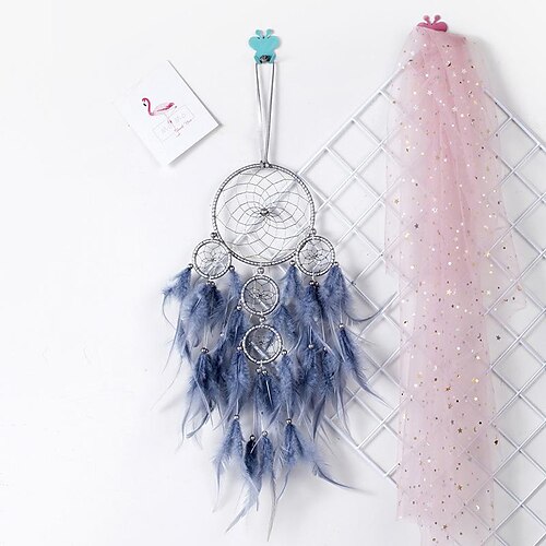 

Grey Dream Catcher Handmade Gift Feather Hook Flower Wind Chime with Five Circles Ornament Wall Hanging Decor Art Indian Style 16x60cm/6.3''x23.6''