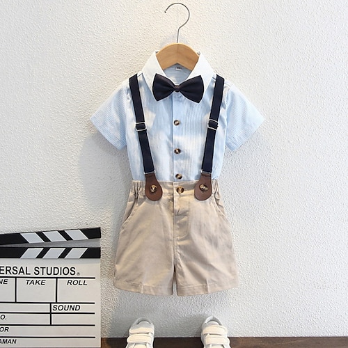 

2 Dele Børn Drenge Trøje & Shorts Outfit Stribe Kortærmet Sæt Afslappet Mode Sej Sommer Forår 3-7 år Lysegrøn Lyserød Blå