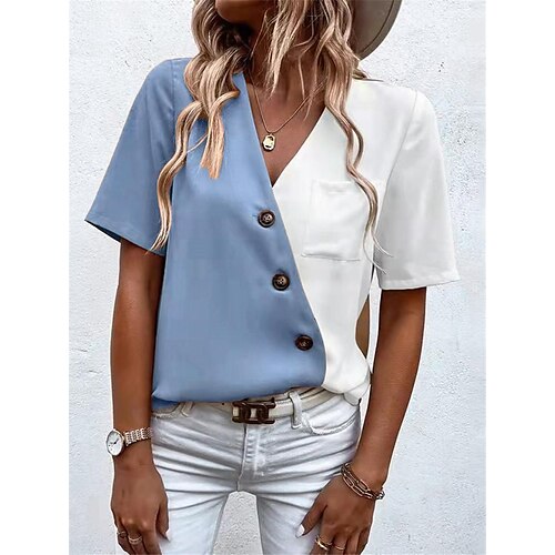 

Women's Shirt Blouse Black Yellow Blue Color Block Button Short Sleeve Casual Basic V Neck Regular S