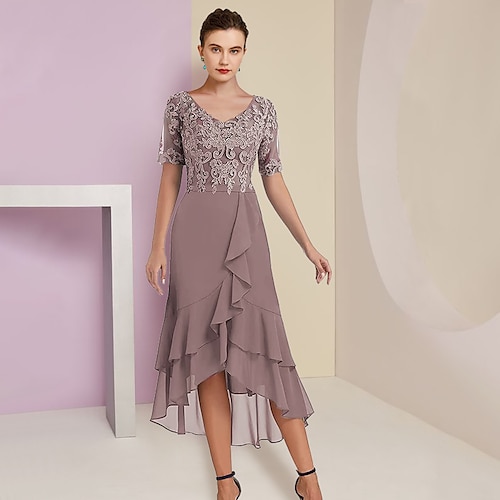 

Linea-A Abito da cerimonia per signora Formale Invitati del matrimonio Elegante Orlo asimmetrico A V Asimmetrico Lunghezza tè Chiffon Di pizzo Manica corta Stola inclusa con Con applique 2023