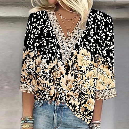 

Mujer Camisa Blusa Negro Dorado Floral Ajuste de encaje Estampado Manga 3/4 Casual Festivos Básico Escote en Pico Regular Flor S