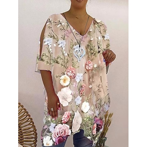 

Mujer Camiseta Negro Blanco Rosa Floral Mariposa Cortado Estampado Media Manga Festivos Fin de semana Básico Escote en Pico Largo Flor Mariposa Pintura S