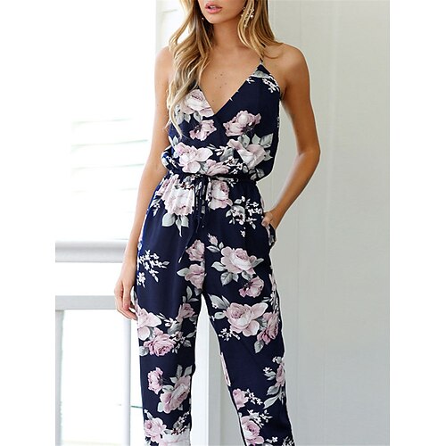 

Women's Jumpsuit Backless Pocket Floral V Neck Streetwear Street Daily Regular Fit Sleeveless Blue S M L Summer