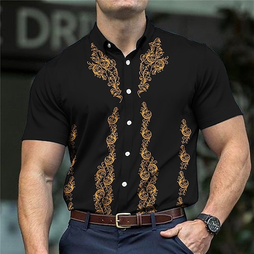 

Hombre Camisa camisa occidental Floral Estampados Cuello Vuelto Amarillo Gris Exterior Calle Mangas cortas Estampado Ropa Moda Ropa de calle Design Casual