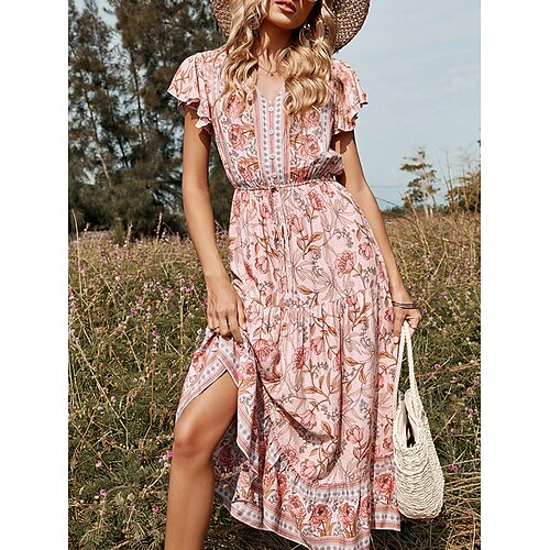 

Per donna Abito lungo Abito lungo Abito casual Vestito svasato Abito boho Floreale Streetwear Stile Boho Esterno Giornaliero Per eventi Con balze Stampa Manica corta A V Vestito Standard Rosa Estate