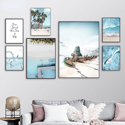 

Lienzo de arte de pared de playa de verano, póster de paisaje marino e impresiones, pintura de concha de mar tallada en arena de palacio, regalo para decoración de pared del hogar, sin marco