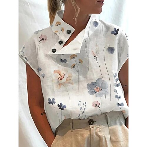 

Mujer Camisa Blusa Blanco Azul Piscina Floral Estampado Manga Corta Casual Festivos Básico Cuello Mao Regular Flor S