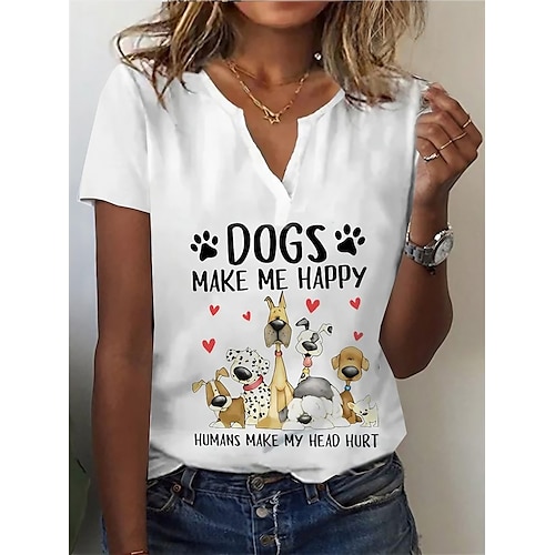 

Women's T shirt Tee Henley Shirt Dog Letter Print Daily Weekend Basic Short Sleeve V Neck Black