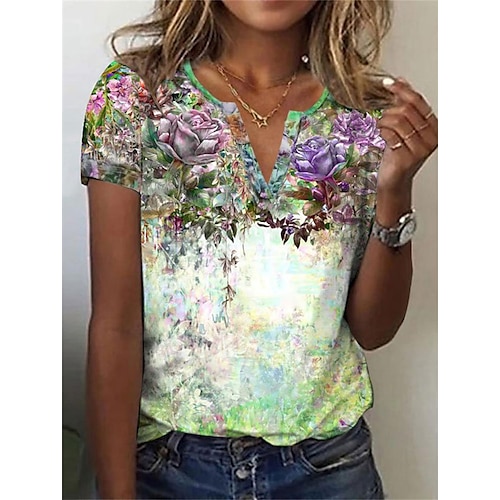 

T shirt Tee Femme Vert Floral Imprimer Manche Courte Vacances Fin de semaine basique Col V Normal Standard Fleur Peinture S