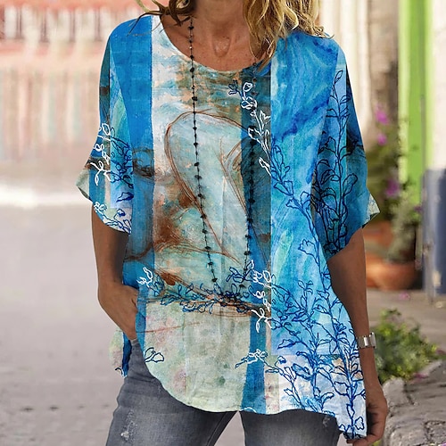 

Damen Hemd Bluse Blau Grün Grau Blumen Abstrakt Bedruckt Kurzarm Casual Festtage Basic Rundhalsausschnitt Standard Blume Dolman-Ärmel S