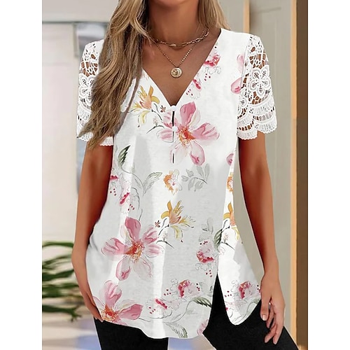 

Mujer Camisa Blusa Blanco Floral Encaje Estampado Manga Corta Casual Festivos Básico Escote en Pico Regular Flor S