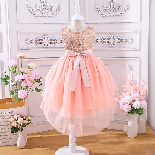

Bambino Da ragazza Vestito Lustrini Abito estivo Al ginocchio Vestito Feste Lacci Girocollo Senza maniche stile sveglio Vestito 3-7 anni Estate Rosa