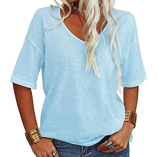 

Damen T Shirt Schwarz Armeegrün Fuchsie Glatt Kurzarm Täglich Wochenende Basic V Ausschnitt Standard S