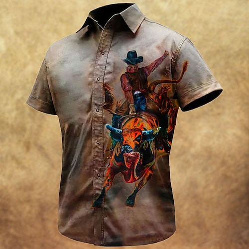 

Men's Shirt Graphic Prints Vintage Cowboy Turndown Gray Outdoor Street Short Sleeves Print Clothing Apparel Fashion Streetwear Designer Soft