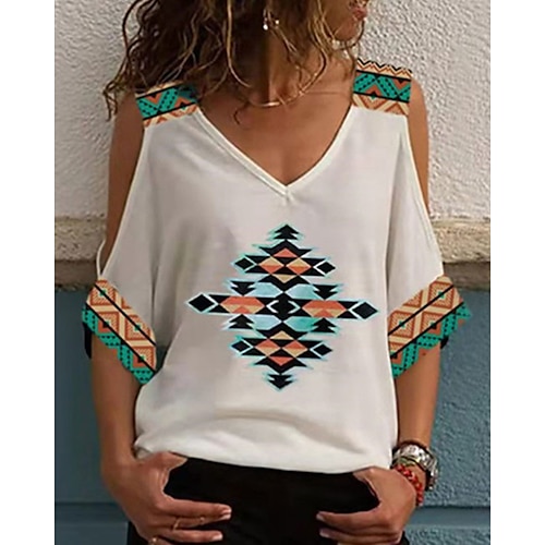 

Women's T shirt Tee White Red Blue Geometric Feather Cut Out Print Short Sleeve Daily Weekend Ethnic V Neck Regular Geometric Painting S