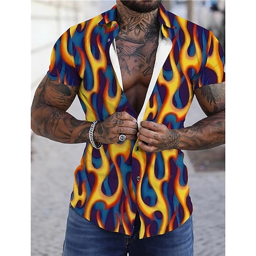 

Homens Camisa Social Camisa havaiana Tintura Tie Dye Estampas Abstratas Labareda Aberto para a Lateral Amarelo Azul Ao ar livre Rua Manga Curta Imprimir Roupa Moda Roupa de rua Designer Macia