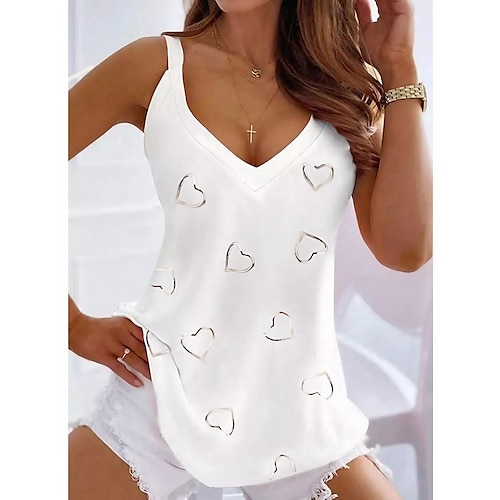 

Women's Tank Top Going Out Tops Summer Tops Black White Pink Heart Print Sleeveless Casual Weekend Tunic Basic V Neck Regular Fit