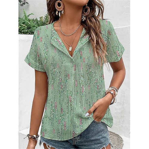 

Damen Hemd Bluse Weiß Grün Blumen Bedruckt Kurzarm Casual Festtage Basic V Ausschnitt Standard Blume S