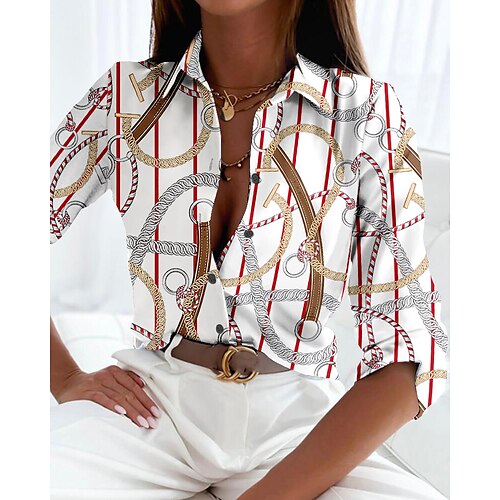 

Women's Shirt Blouse Yellow Red Blue Chains Print Button Print Long Sleeve Casual Basic Shirt Collar Regular S