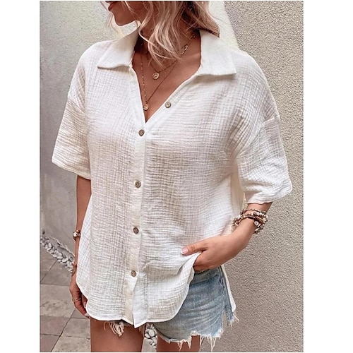 

Mujer Camisa Blusa Blanco Plano Botón Manga Corta Casual Básico Cuello Camisero Regular S