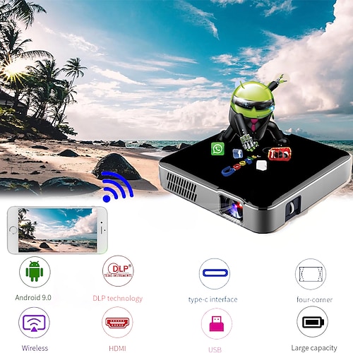 

Tomada de fábrica S280 DLP Projetor Mini Portátil Para Bolso Projetor WIFI Correção Keystone Foco Manual 720P (1280x720) 3000 lm Android 9.0 Compatível com iOS e Android HDMI USB