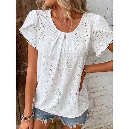 

Women's Shirt Blouse White Plain Short Sleeve Casual Basic Round Neck Regular S