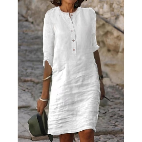 

Women's Casual Dress Cotton Linen Dress Shift Dress Midi Dress Bamboo Fashion Basic Outdoor Daily Vacation Crew Neck Button 3/4 Length Sleeve Summer Spring Fall 2023 Loose Fit White Orange khaki Plain