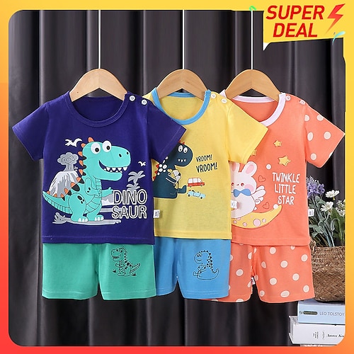 

2 Pieces Toddler Boys T-shirt & Shorts Outfit Animal Cartoon Short Sleeve Cotton Set Outdoor Fashion Cool Summer Spring 3-7 Years F01-Orange Bear F07-letter calf F10-Football Bear