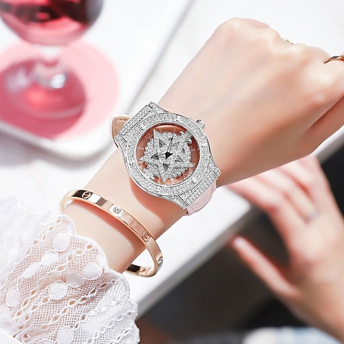 

Reloj de cuarzo para mujer, reloj informal de lujo con diamantes de imitación para mujer, reloj de cuero resistente al agua con esqueleto hueco, regalo para el Día de San Valentín
