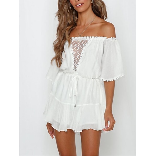 

macacão feminino sem costas cintura alta cor sólida fora do ombro elegante street daily ajuste regular meia manga branco s m l costura de renda de verão