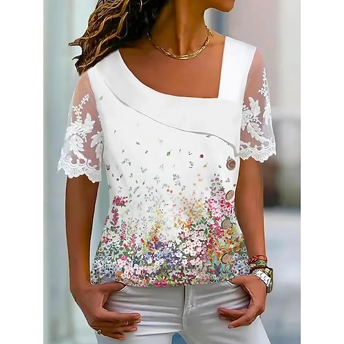 

Damen Hemd Bluse Weiß Blumen Spitze Bedruckt Kurzarm Casual Festtage Basic V Ausschnitt Standard Blume S