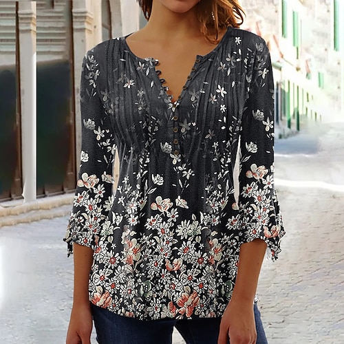 

Mulheres Camisa Social Blusa Rosa Azul Laranja Floral Imprimir Manga 3/4 Casual Feriado Básico Decote Redondo Padrão Tema Flores S