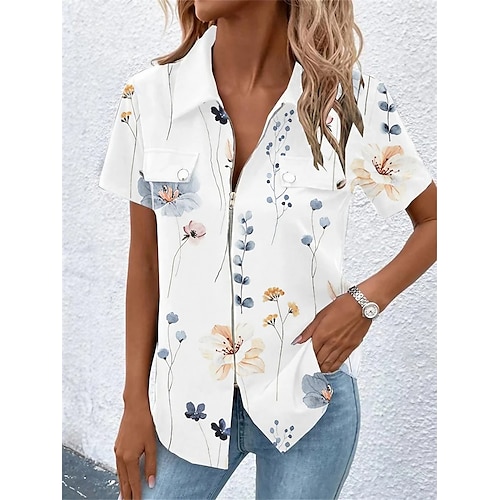 

Chemise Chemisier Femme Blanche Floral Zippé Imprimer Manche Courte Casual Vacances basique Col de Chemise Normal Standard Fleur S