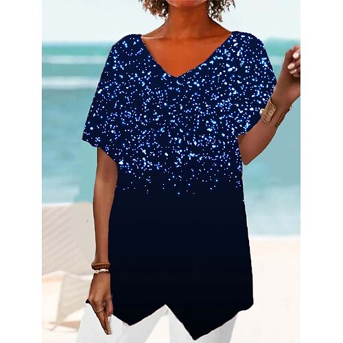 

Women's Shirt Blouse Black Royal Blue Blue Graphic Asymmetric Print Short Sleeve Casual Basic V Neck Long S