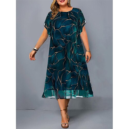 

Mulheres Tamanho Grande Vestido casual vestido de cetim Floral Vestido midi Manga Curta Imprimir Gola Redonda Moda Ao ar livre Verde Verão Primavera L XL XXL 3XL 4XL