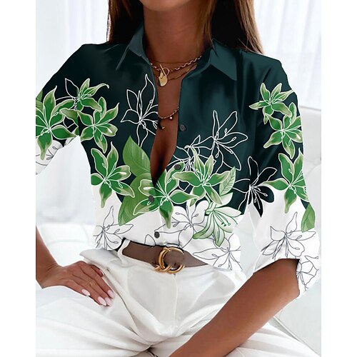 

Mulheres Camisa Social Blusa Verde Floral Botão Imprimir Manga Longa Casual Feriado Básico Colarinho de Camisa Padrão Tema Flores S
