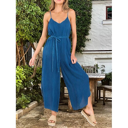 

Women's Jumpsuit Lace up Solid Color V Neck Basic Street Daily Regular Fit Sleeveless Navy Blue Light Blue S M L Summer