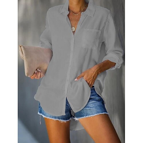 

Mulheres Camisa Social Blusa Preto Branco Rosa Tecido Botão Manga Longa Casual Básico Colarinho de Camisa Padrão Algodão S