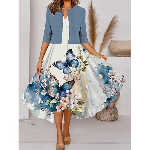 

Robe casual Robe Évasée Femme Ensemble Robe Deux Pièces Extérieur du quotidien Mode Moderne Imprimer Robe mi-longue Col V Demi Manches Papillon Standard Bleu Eté Printemps S M L XL XXL