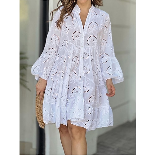 

Women's Casual Dress White Dress Summer Dress Mini Dress Button Eyelet Daily Holiday Date Fashion Basic Split Neck Long Sleeve 2023 Loose Fit White Yellow Pink Color S M L XL XXL Size