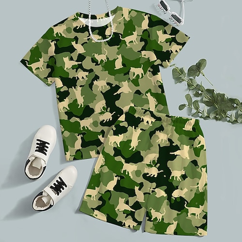 

2 pièces enfants garçons camo t-shirt et short t-shirt ensemble de vêtements tenue graphique chat camo manches courtes ras du cou ensemble extérieur impressions 3d sports actifs mode été printemps 3-13 ans bleu vert