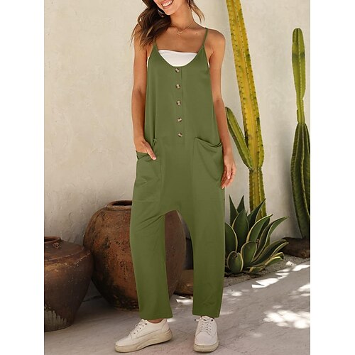 

Women's Overall Button Pocket Solid Color V Neck Casual Daily Vacation Regular Fit Sleeveless Black Wine Army Green S M L Summer